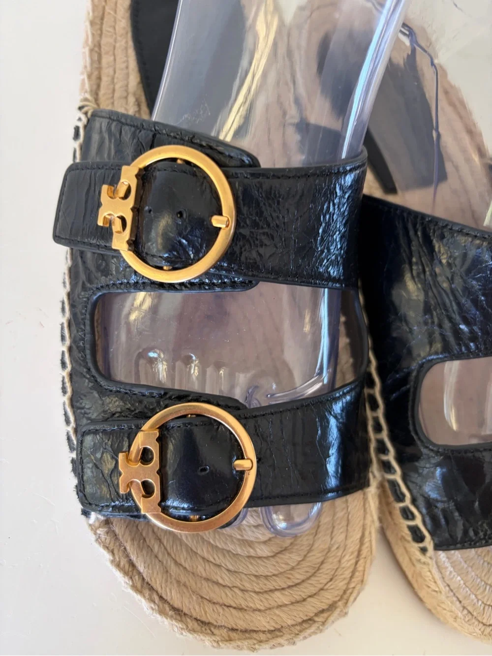 Tory Burch Selby Black Patent Leather & Jute Double Buckle Slide Sandals Size 8‎